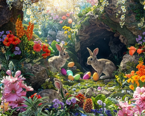 Hidden valley 3D Easter card with bunnies discovering a secret glade of vibrant eggs and rare blossoms