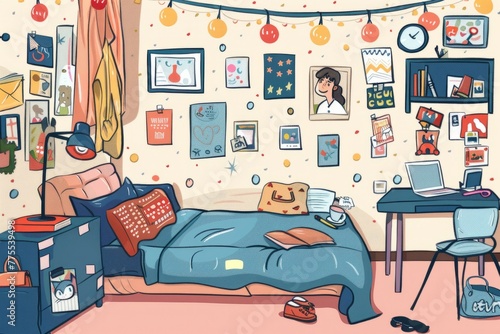 Cartoon cute doodles of a dorm room scene, with roommates hanging out, studying, and decorating their space with posters and photos, Generative AI