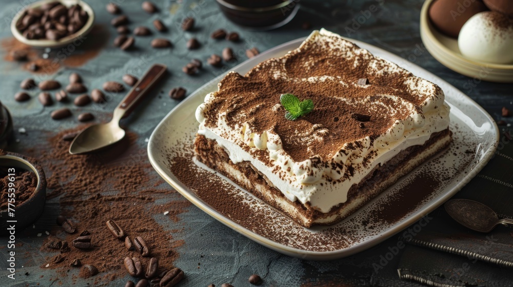 Close up on a portion of gourmet tiramisu Italian dessert topped with a sprig of mint served on a plate at table in a side view Close up on a portion of gourmet tiramisu Italian dessert topped with a sprig of mint served on a plate at table in a side view