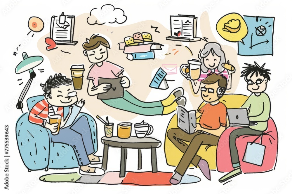 Cartoon cute doodles of a late-night study session in the student lounge, with sleepy students drinking coffee, munching on snacks, and cramming for exams, Generative AI