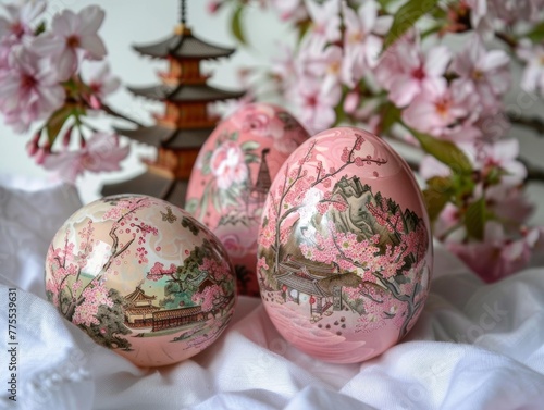 Japanese cherry blossom Easter eggs with sakura and peaceful temples