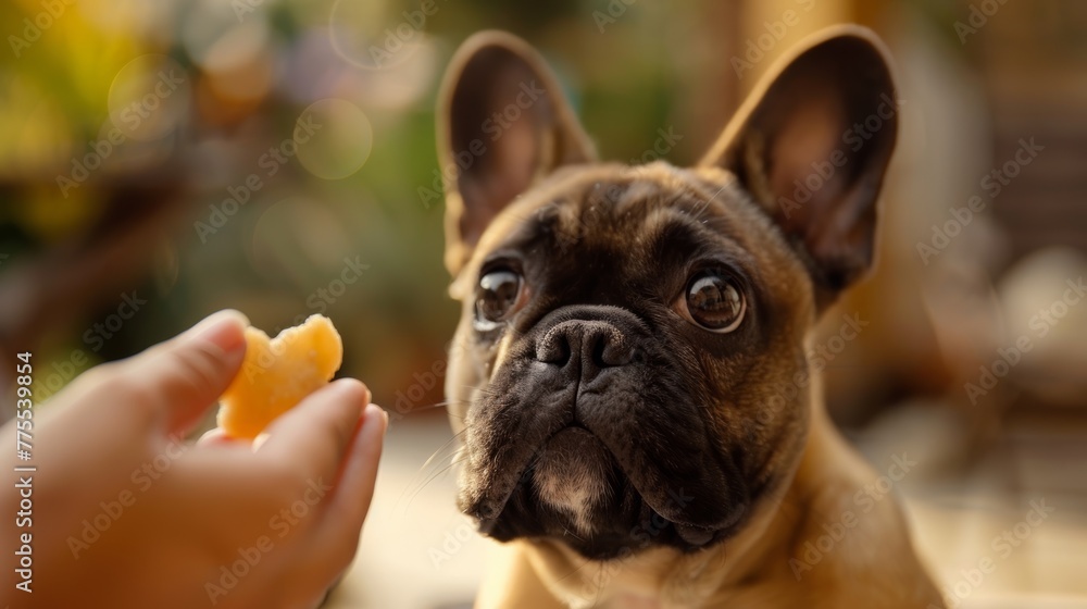 A French Bulldog staring intently with big eyes at a closed hand holding a treat, showcasing their love for food