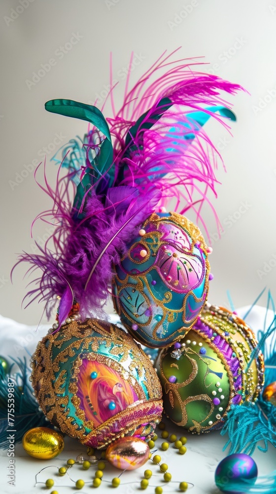 Mardi Gras masquerade Easter eggs decorated with vibrant feathers and beads