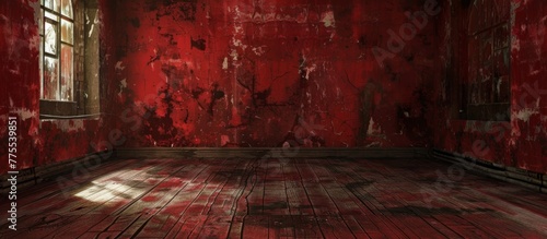 An empty room with red paint and a window photo