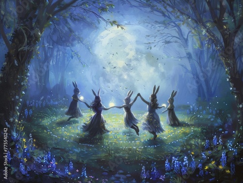 Moonlit fairy circle with bunnies joining hands in a dance around a circle of glowing eggs