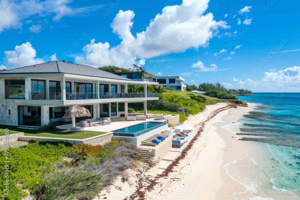 Professional Photography of a Beachfront Villa With Stunning Ocean Views, Private Access to the Shore, and Luxurious Outdoor Amenities, Generative AI