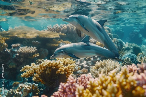 Fototapeta Naklejka Na Ścianę i Meble -  Dolphin swimming in the sea. Tropical coral reef with marine life.
