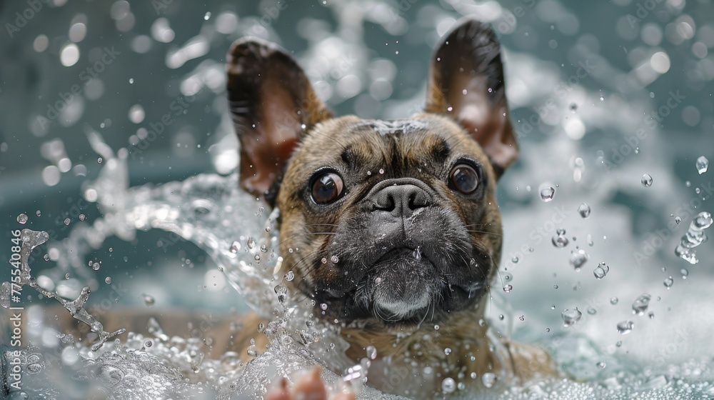 A French bulldog trying to escape a bath or playfully splashing water with a derpy expression