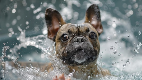 A French bulldog trying to escape a bath or playfully splashing water with a derpy expression © kamonrat