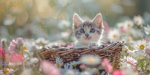 Little kitten sitting in the basket in a flowers garden cat in a field of flowers  © Azeez