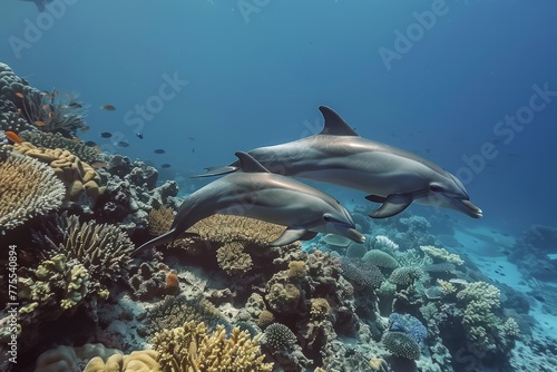 Dolphin swimming in the sea. Tropical coral reef with marine life. © MrHamster