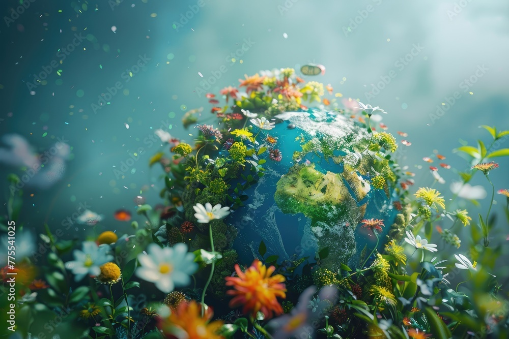 Globe with grass and flowers. Earth Day concept