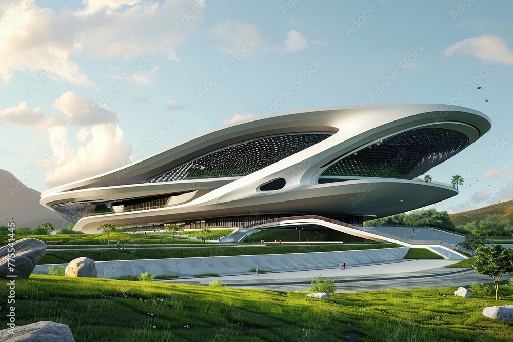Futuristic stadium amidst green nature