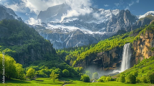 Gavarnie Falls Alpine Wonderland, Highlight the stunning alpine scenery surrounding Gavarnie Falls in the French Pyrenees, with snow-capped peaks and lush green meadows framing the majestic cascade © Chom