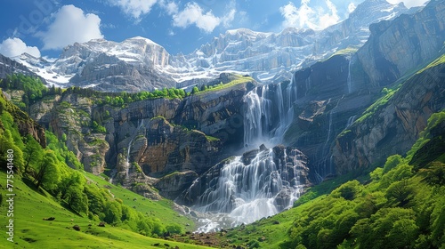 Gavarnie Falls Alpine Wonderland, Highlight the stunning alpine scenery surrounding Gavarnie Falls in the French Pyrenees, with snow-capped peaks and lush green meadows framing the majestic cascade photo
