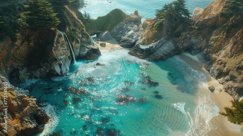 McWay Falls Coastal Serenity, Capture the tranquil beauty of McWay Falls as it plunges directly into the Pacific Ocean along California's rugged coastline, surrounded by pristine beaches and towering  photo
