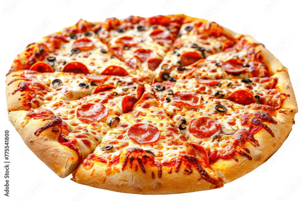 Thin, crispy pizza crust, stretchy cheese topping, and a variety of toppings.Isolated on a transparent background.