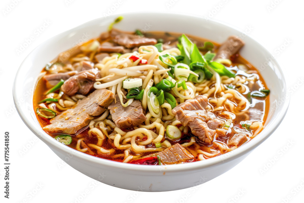 Rich noodle soup Soft and chewy noodles, large pieces of pork, fresh vegetables, all delicious.Isolated on a transparent background.