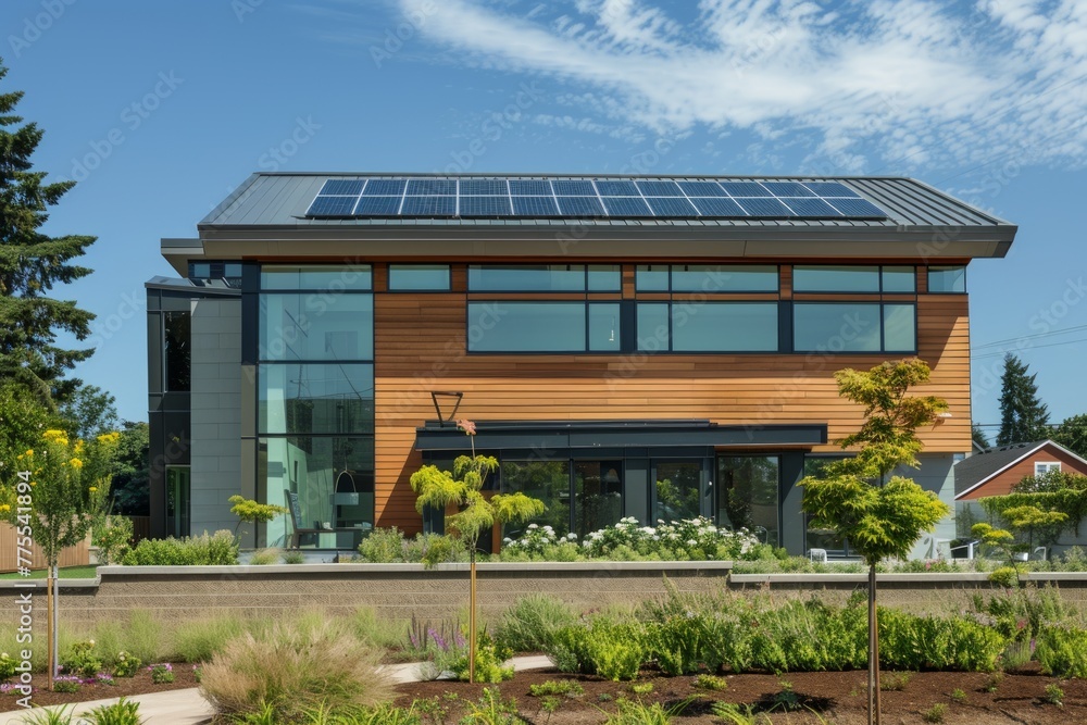 Professional Photography of a Contemporary Eco-Friendly Home Showcasing Sustainable Features, Solar Panels, and Energy-Efficient Design, Generative AI