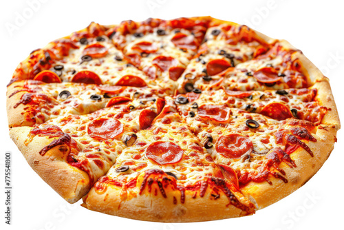 Thin, crispy pizza crust, stretchy cheese topping, and a variety of toppings.Isolated on a transparent background.