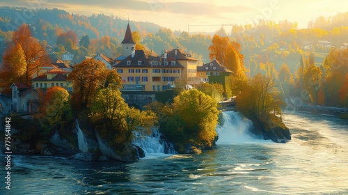 Rhine Falls Romantic Getaway, Portray the romantic charm of Rhine Falls in Switzerland, with its picturesque setting and idyllic