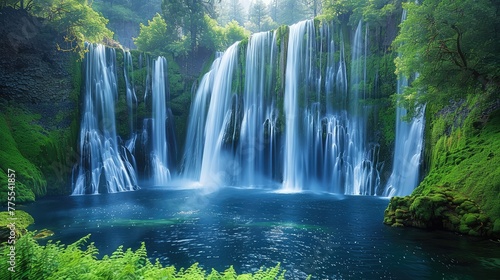 Burney Falls Cascading Beauty  Showcase the timeless beauty of Burney Falls in California  with its graceful cascade framed by lush greenery  evoking a sense of peace and tranquility