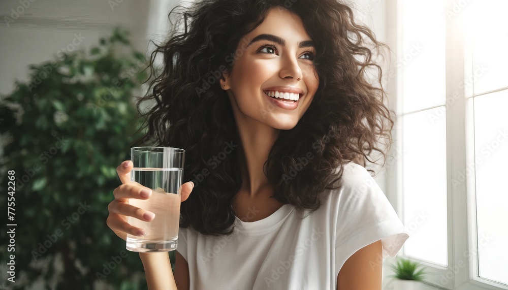 A beautiful young caucasian white woman in white shirt is holding, drinking a glass cup of water in the morning, blurred white modern home background, healthy lifestyle concept A beautiful young caucasian white woman in white shirt is holding, drinking a glass cup of water in the morning, blurred white modern home background, healthy lifestyle concept