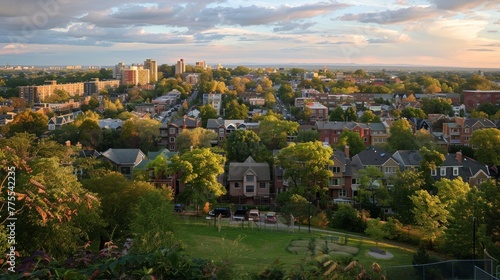 A panoramic shot of a citys residential neighborhoods featuring rows of houses and apartment buildings. Parks playgrounds and green spaces can also be seen providing a balance