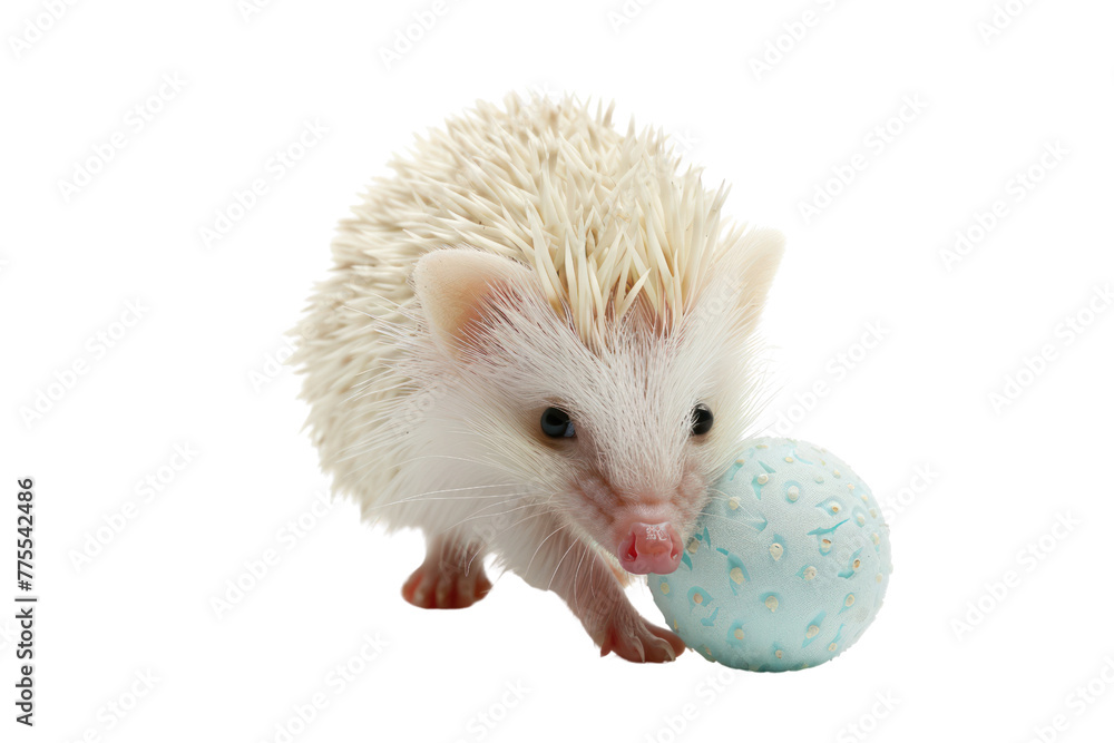 baby albino hedgehog playing with a ball, Isolated on a transparent background.