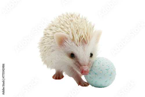 baby albino hedgehog playing with a ball, Isolated on a transparent background.