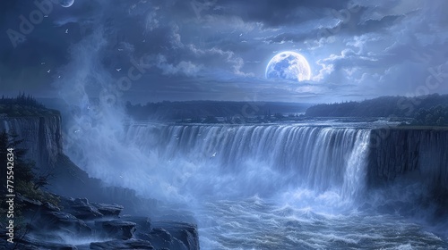 Horseshoe Falls Moonlit Magic, Illustrate the enchanting beauty of Horseshoe Falls illuminated by the soft glow of the moon, casting a magical light over the misty waters photo