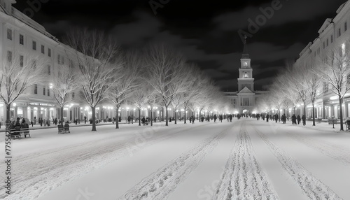 Illustration of the city landscape at night in winter. Generative AI.