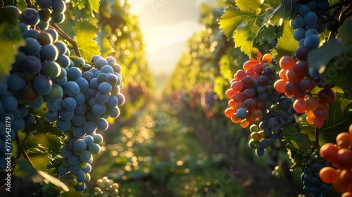 Golden Hour Glow Over Lush Vineyard Offering Bountiful Harvest of Ripe Grapes