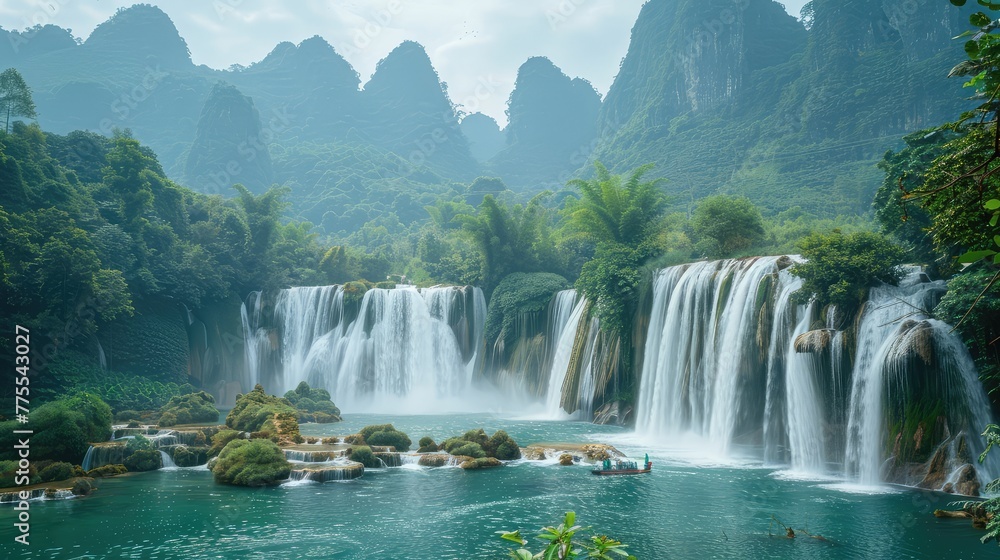 Ban Gioc-Detian Falls Border Beauty, Highlight the unique beauty of Ban Gioc-Detian Falls, which straddles the border between China and Vietnam, showcasing the stunning natural landscape