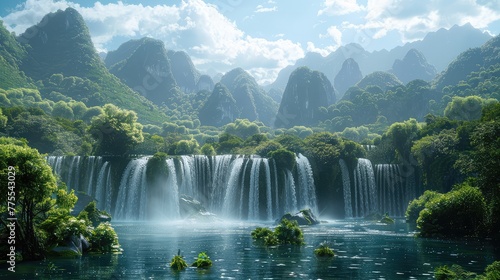 Ban Gioc-Detian Falls Border Beauty, Highlight the unique beauty of Ban Gioc-Detian Falls, which straddles the border between China and Vietnam, showcasing the stunning natural landscape photo