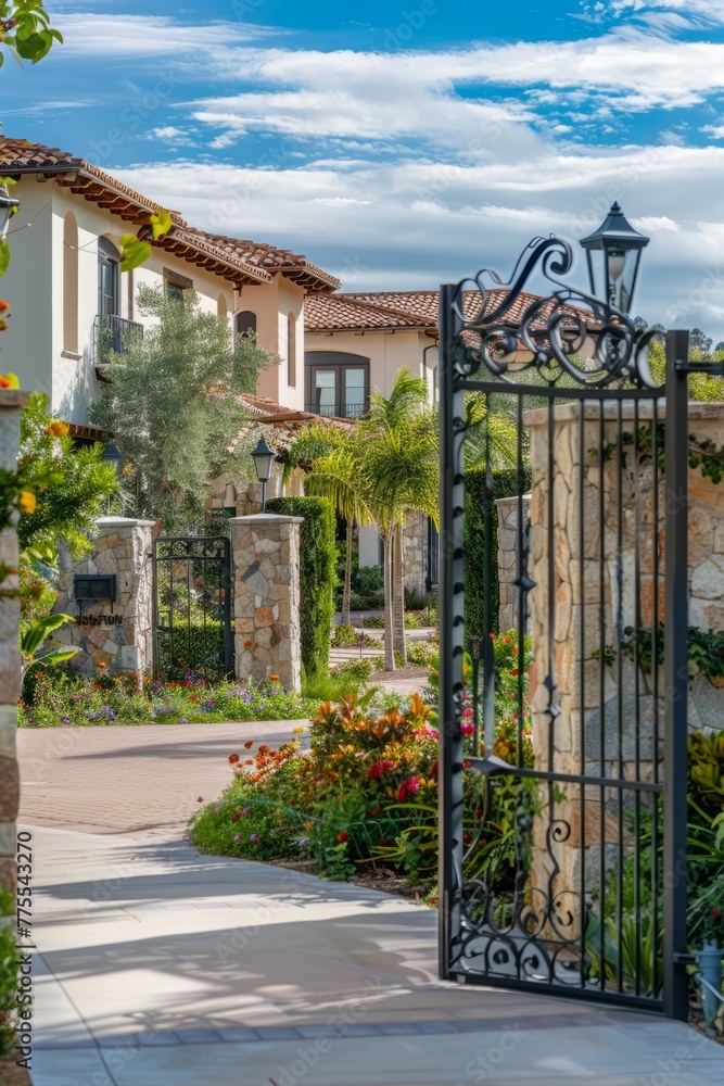 Professional Photography of a Gated Community Estate Showcasing its Exclusive Amenities, Lush Landscaping, and Prestigious Address, Generative AI