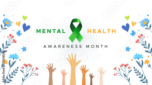 Mental Health Awareness Month. in May. Take care of your body, take care of your health and mind. Increase awareness of mental health. Control and protection. Prevention campaign
