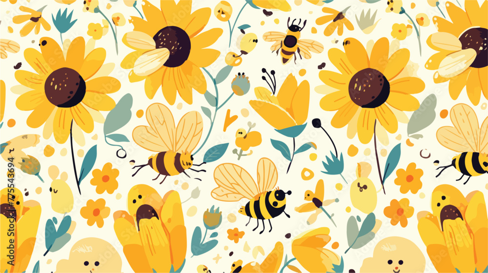 Honey bee and sunflower. Hand-drawn seamless cartoo