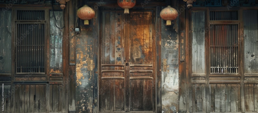 Two wooden doors and lanterns outside a building