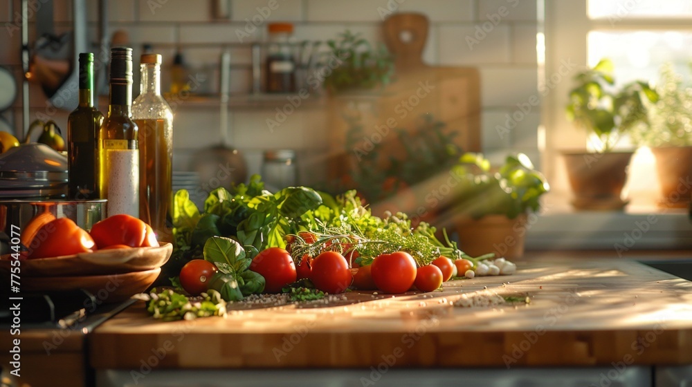 Fresh Ingredients Await Culinary Creation in a Sunlit Modern Kitchen Fresh Ingredients Await Culinary Creation in a Sunlit Modern Kitchen