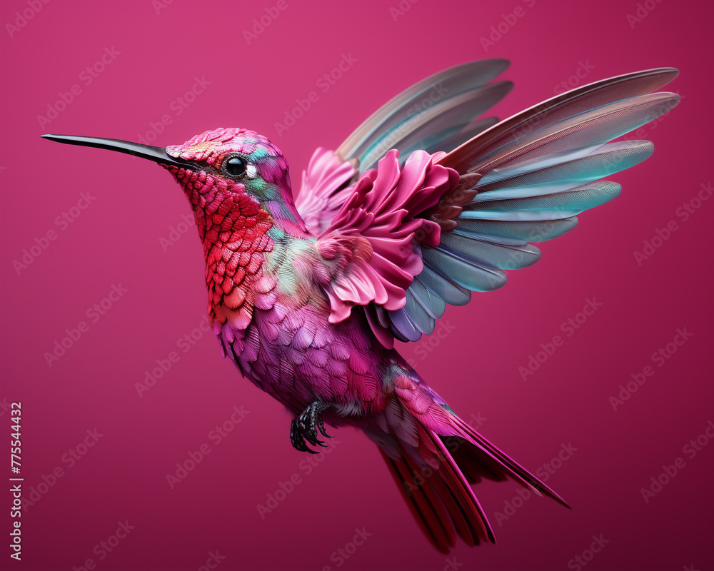 Obraz premium Close-up of a hummingbird mid-hover, its tiny wings a blur, rendered in hyper-realistic clay style against a bright fuchsia background, showcasing the exquisite detail of its feathers and the vibrant