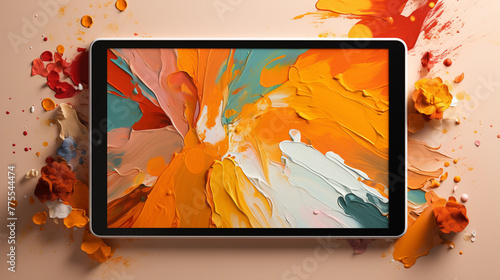 Close-up of a tablet displaying a digital painting app, rendered in clay style, the brush strokes visible on the screen, isolated against a vibrant orange background, showcasing the blend of art and t photo