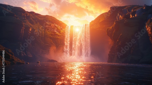 Sunset waterfall, Showcase the mesmerizing beauty of a waterfall illuminated by the warm hues of a sunset, creating a stunning and romantic ambiance photo