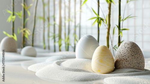 Zen tranquility Easter eggs with bamboo and water gardens photo