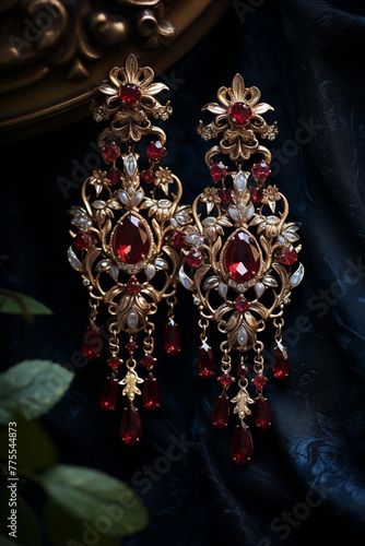Vintage Glamour: Chandelier earrings in clay style, their ornate tiers and sparkling jewels rendered against a velvet maroon background, evoking the opulence and glamour of vintage fashion,