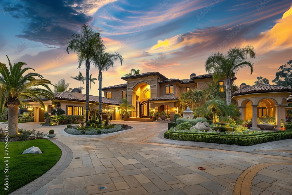 Obraz premium Professional Photography of a Luxurious Mansion Showcasing its Grand Exterior, Landscaped Gardens, and Expansive Grounds, Generative AI
