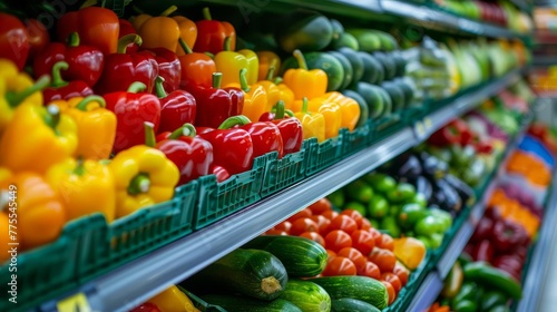 Colorful supermarket aisle with fresh vegetables on shelves, showcasing diverse product assortment and consumerism concept, Abstract photo