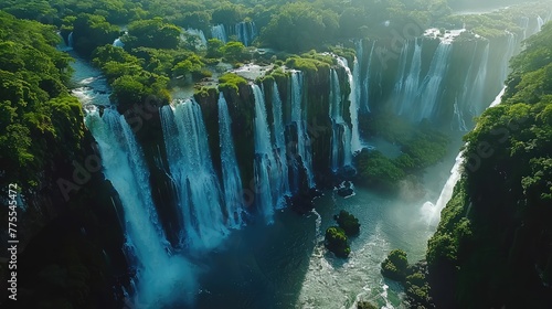 Iguazu Falls Aerial View, Offer a bird's-eye perspective of the powerful cascades of Iguazu Falls, surrounded by the verdant jungle, emphasizing the sheer scale and beauty of the natural wonder photo