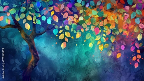 Colorful tree illustration with vibrant multicolored leaves on hanging branches, creating an enchanting abstract wallpaper background, digital art
