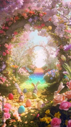 Rainbow bridge 3D scene bunnies crossing a floral archway photo